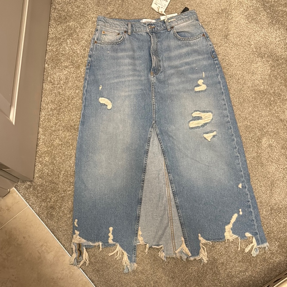 Zara Light Blue Denim Midi Skirt